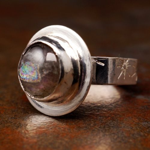 Contemporary Handcrafted Round Purple Labradorite Sterling Silver Bezel Set Hexagonal Ring 01