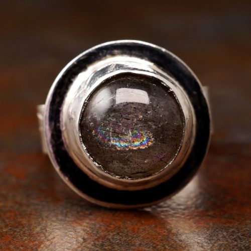 Contemporary Handcrafted Round Purple Labradorite Sterling Silver Bezel Set Hexagonal Ring 01