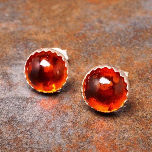 Handmade serrated sterling silver amber studs