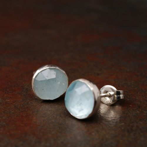 Handmade sterling silver large round faceted Aquamarine studs