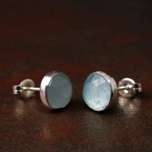 Handmade sterling silver large round faceted Aquamarine studs