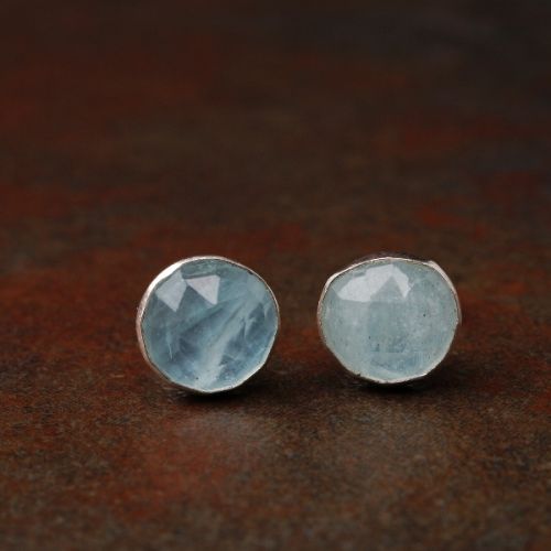 Handmade sterling silver large round faceted Aquamarine studs