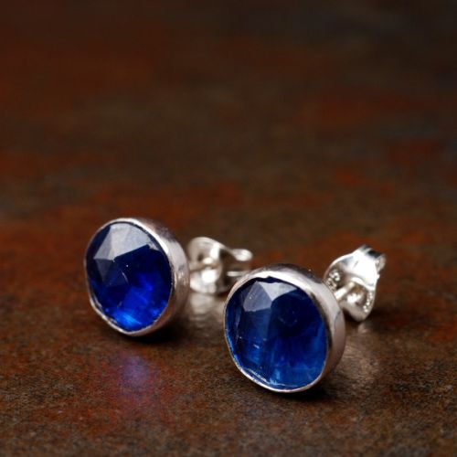 Handmade sterling silver large round faceted Blue Kyanite studs