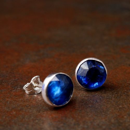 Handmade sterling silver large round faceted Blue Kyanite studs