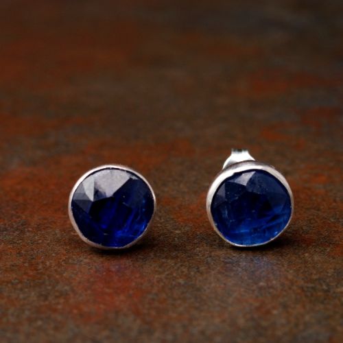 Handmade sterling silver large round faceted Blue Kyanite studs