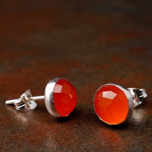 Handmade sterling silver large round faceted Carnelian studs