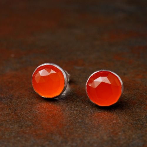 Handmade sterling silver large round faceted Carnelian studs