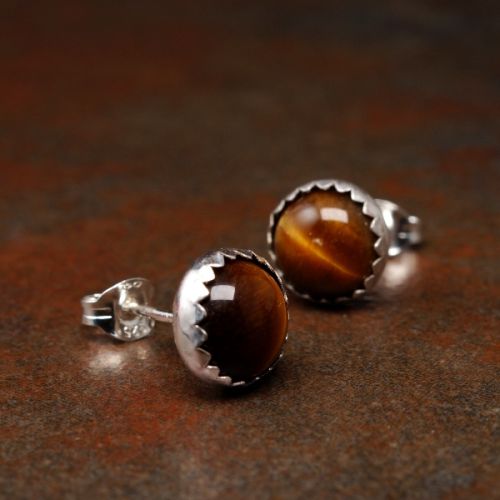 Handmade serrated sterling silver large Round Golden Tigers Eyes Studs