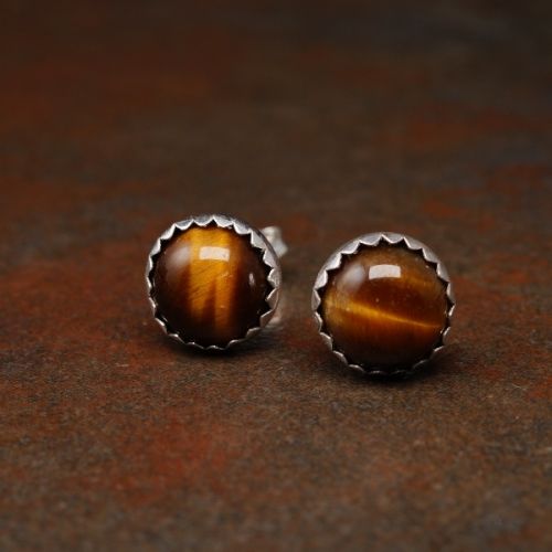Handmade serrated sterling silver large Round Golden Tigers Eyes Studs