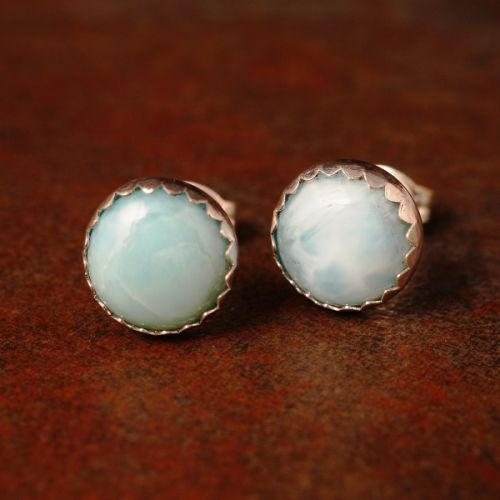 Handmade sterling silver Serrated Larimar Studs - Large