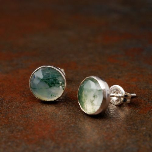Handmade sterling silver Large Round Faceted Moss Agate Studs