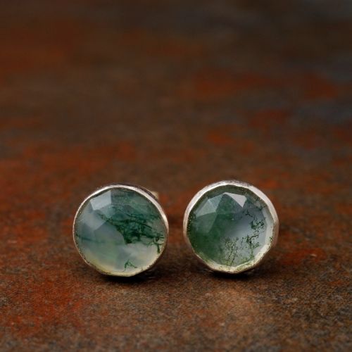 Handmade sterling silver Large Round Faceted Moss Agate Studs