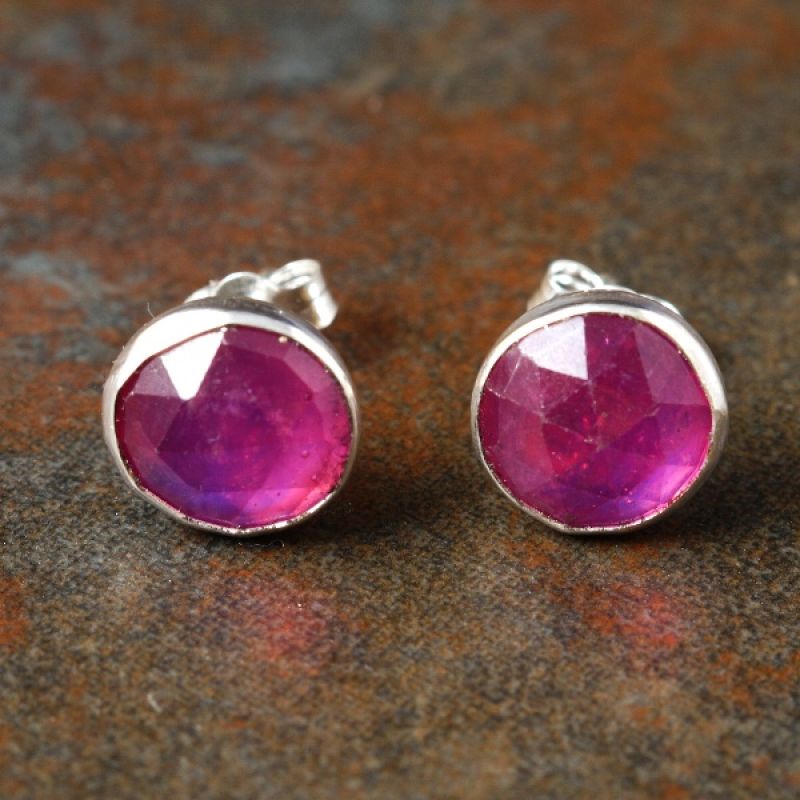 Handmade sterling silver faceted large round  Pink Sapphire studs 01