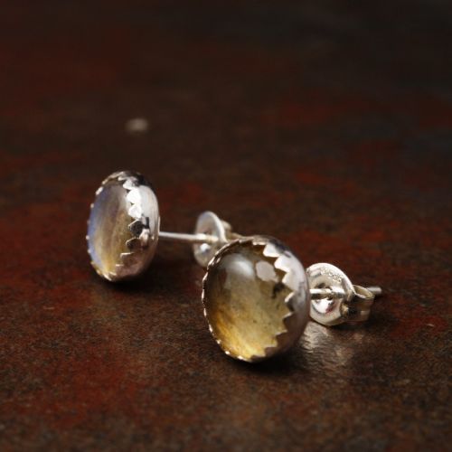 Handmade serrated sterling silver large Round Labradorite Studs