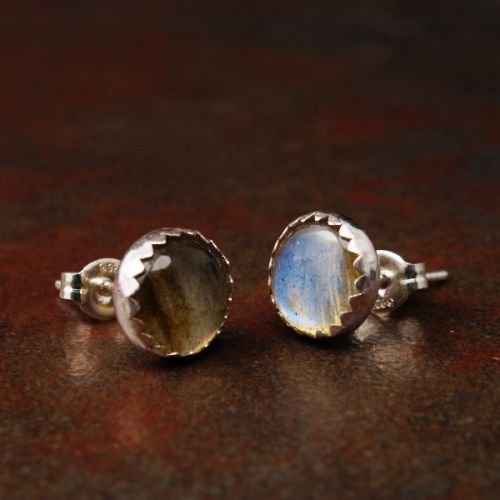 Handmade serrated sterling silver large Round Labradorite Studs