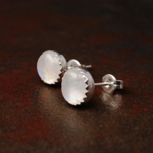 Handmade serrated sterling silver Rainbow Moonstone Studs - Large