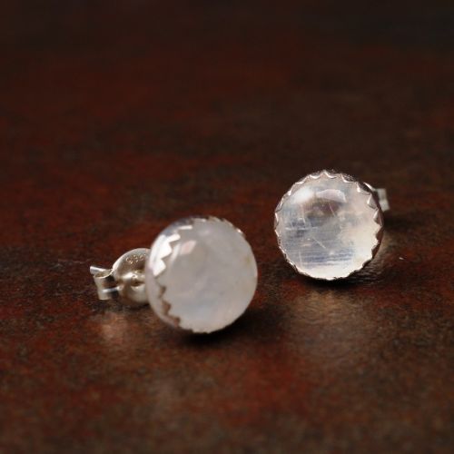 Handmade serrated sterling silver Rainbow Moonstone Studs - Large