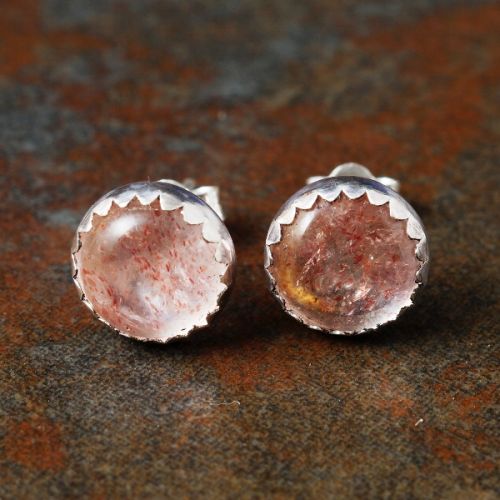 Handmade sterling silver large round Strawberry Quartz studs 01