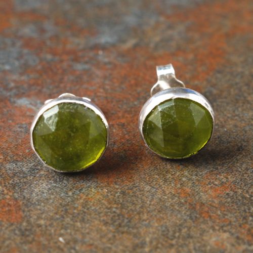 Handmade sterling silver faceted large round  Vesuvianite studs 01