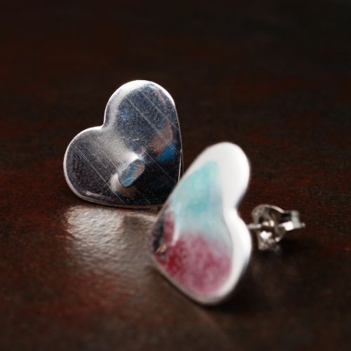 Handcrafted recycled sterling silver heart studs with sterling silver earposts and backs