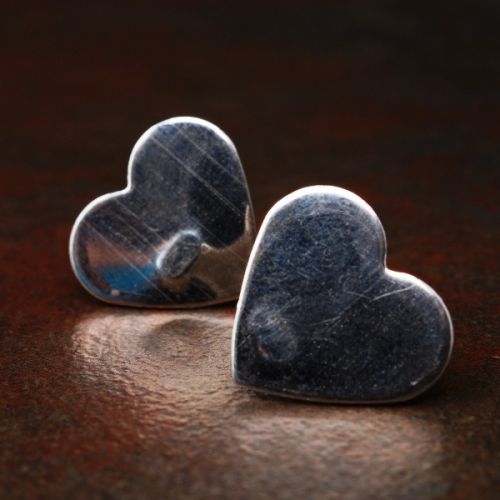 Handcrafted recycled sterling silver heart studs with sterling silver earposts and backs