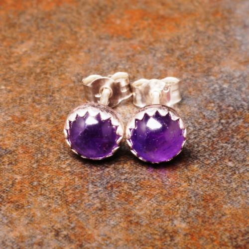 Handmade serrated sterling silver amethyst studs