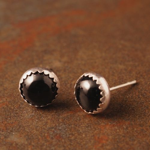 Handmade serrated sterling silver Black Tourmaline Studs - Large 02