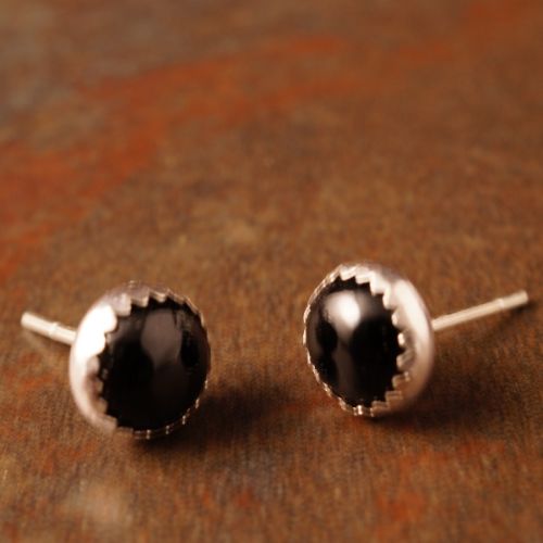 Handmade serrated sterling silver Black Tourmaline Studs - Large 02