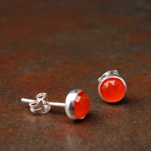 Handmade sterling silver round faceted Carnelian studs