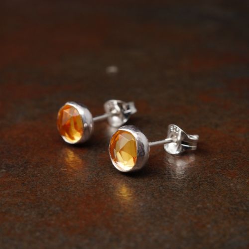 Handmade sterling silver round faceted Citrine studs