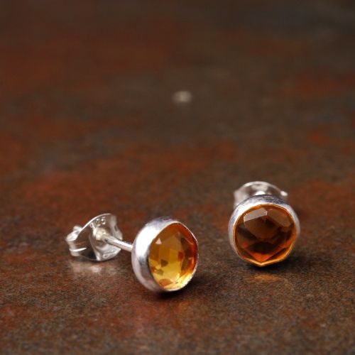 Handmade sterling silver round faceted Citrine studs