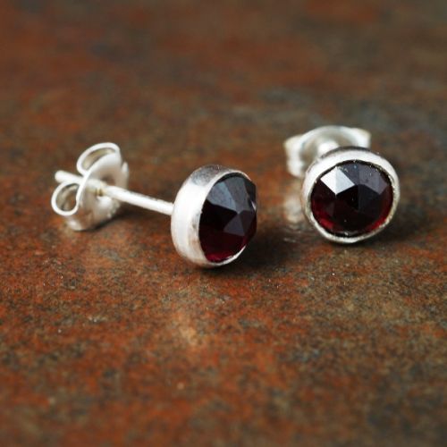 Handmade sterling silver round faceted Garnet studs