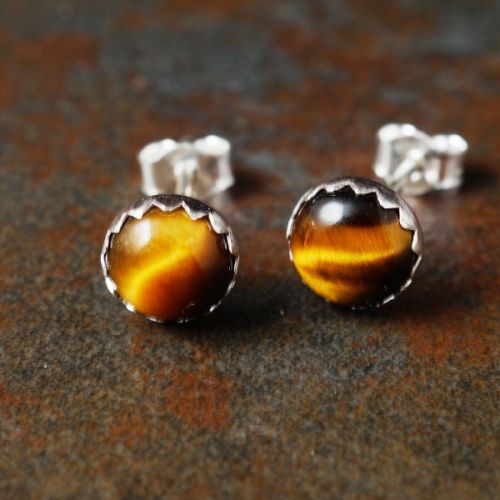 Handmade Serrated sterling silver Golden Tigers Eye Studs - Medium