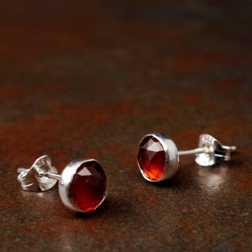 Handmade sterling silver round faceted hessonite Garnet studs