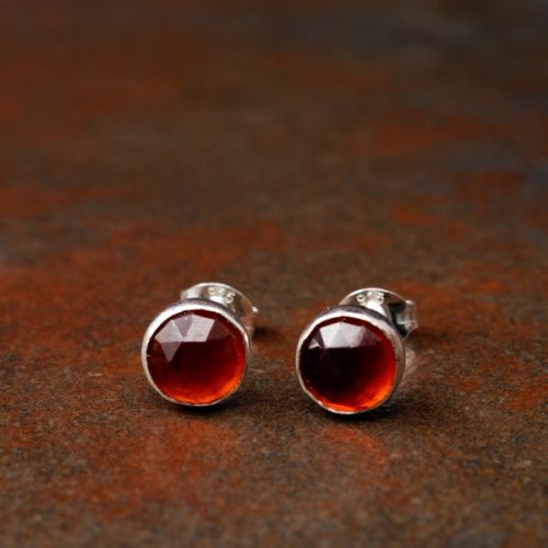 Handmade sterling silver round faceted hessonite Garnet studs