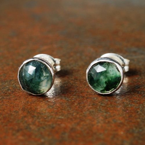 Handmade sterling silver Facetted Moss Agate Studs - Medium 03