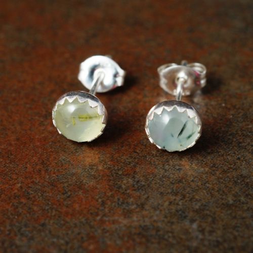 Handmade serrated sterling silver prehnite studs