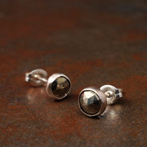 Handmade sterling silver round faceted Pyrite studs