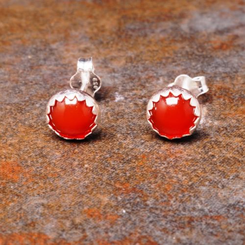 Handmade serrated sterling silver round carnelian studs