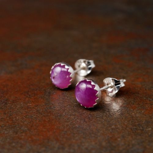 Handmade sterling silver round pink star Sapphire studs