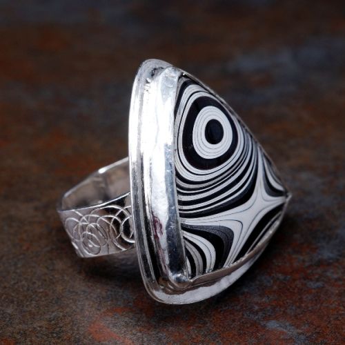 Handcrafted Trillion Fordite Sterling Silver Stamped Octagonal Ring 01