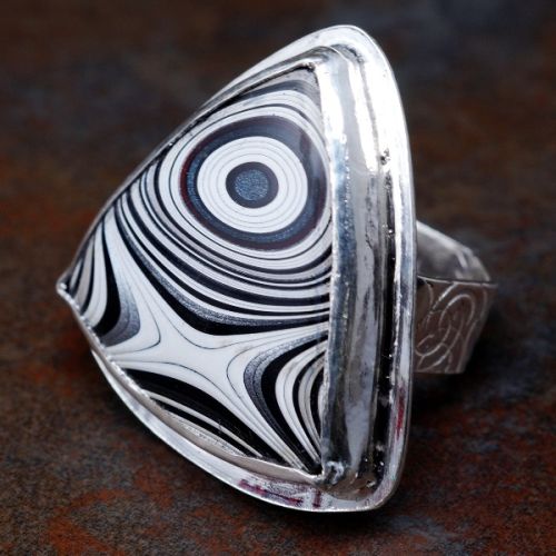 Handcrafted Trillion Fordite Sterling Silver Stamped Octagonal Ring 01