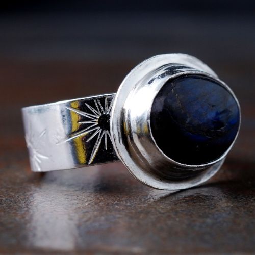 Handcrafted Horizontal Oval Blue Labradorite Sterling Silver Octagonal Ring 01