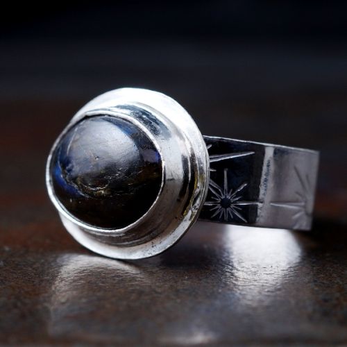 Handcrafted Horizontal Oval Blue Labradorite Sterling Silver Octagonal Ring 01