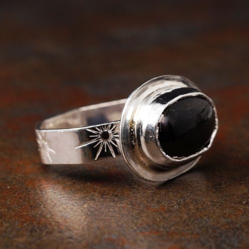 Handcrafted Horizontal Oval Black Star Diopside Sterling Silver Bezel Set Octagonal Ring