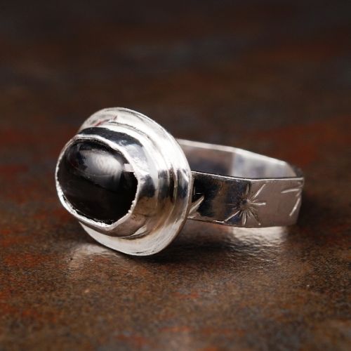 Handcrafted Horizontal Oval Black Star Diopside Sterling Silver Bezel Set Octagonal Ring