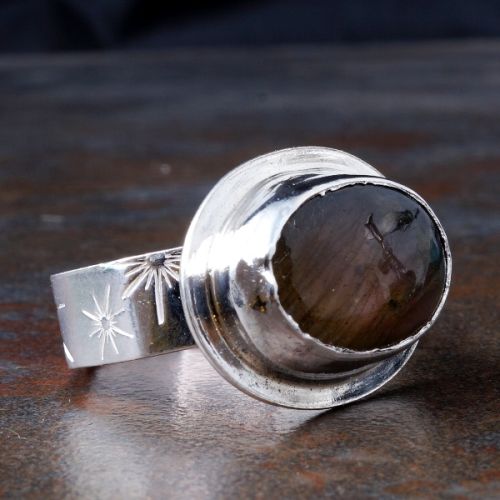 Handcrafted Horizontal Oval Purple Labradorite  Sterling Silver Star Stamped Octagonal Ring