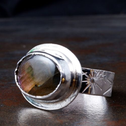 Handcrafted Horizontal Oval Purple Labradorite  Sterling Silver Star Stamped Octagonal Ring