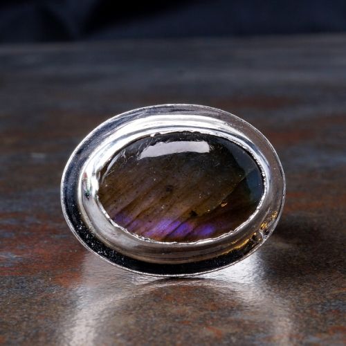 Handcrafted Horizontal Oval Purple Labradorite  Sterling Silver Star Stamped Octagonal Ring