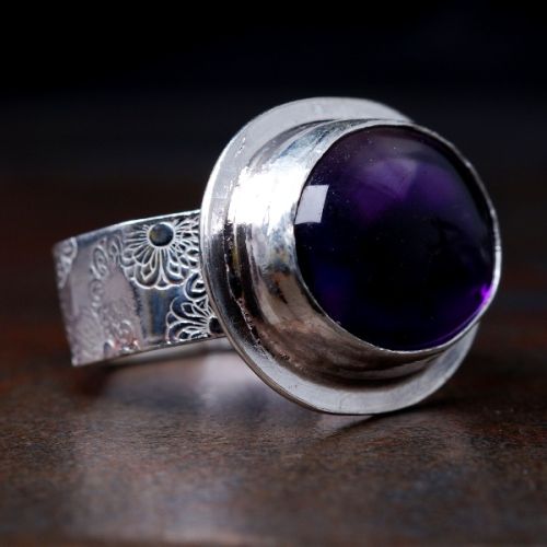 Handcrafted Horizontal Oval Tripache Amethyst Sterling Silver Mandela Stamped Octagonal Ring
